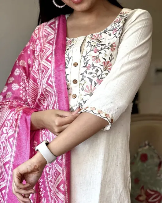 Elegant Khadi Cotton Embroidered Suit with Khadi Silk Dupatta – Timeless Class & Comfort